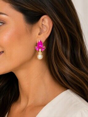 💎Hot Pink Rhinestone Faux Pearl Drop Earrings Gold Tone Statement Glam Jewelry